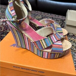 Rocket Dog Colorful Striped Wedge Sandals. Size 7, cork sole. Fun! original box